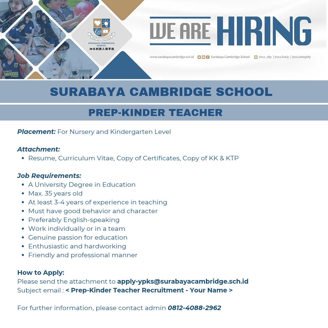 LOKER SURABAYA CAMBRIDGE SCHOOL - Prep-Kinder